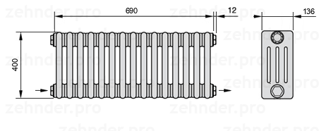 Схема (чертеж) Радиатор Zehnder Charleston 4040/15 №2670 Белый глянцевый RAL 9016